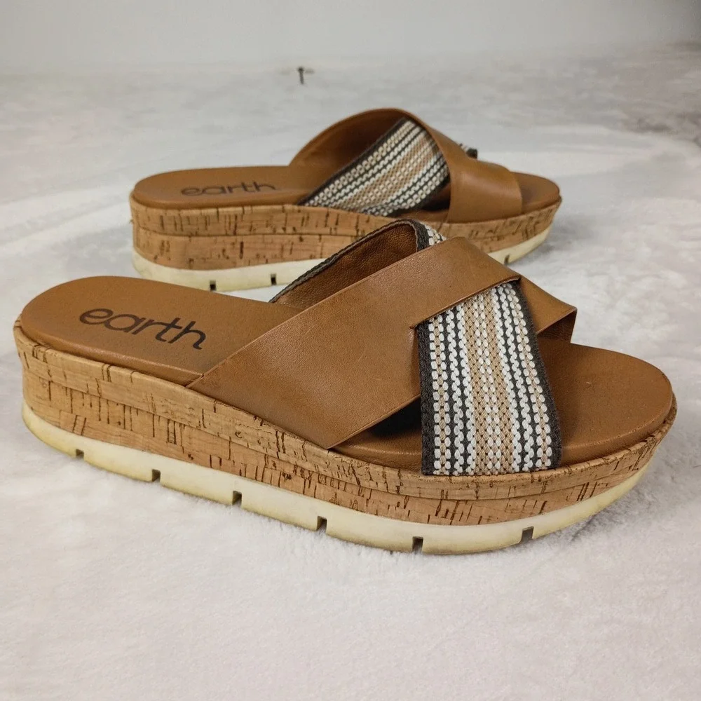 Earth Platform Sandals Womens 8.5 Brown Leather Cork Wedge Chunky Boho Festival